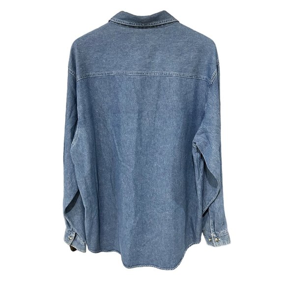 Vintage Holiday Embroidered Patch Denim Chambray Oversized Button Shirt Bear XL - Picture 4 of 7